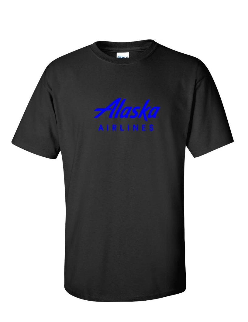 Alaska Airlines Blue Retro Logo US Aviation Black Cotton T-Shirt XL