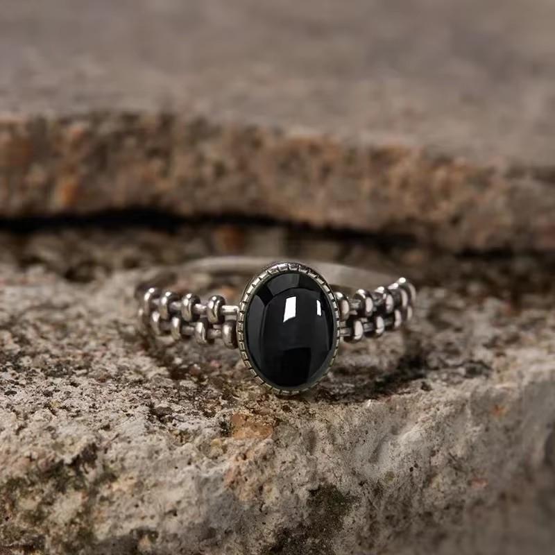Vintage 925 Sterling Copper Ring Natural Black Onyx Ring Oval Round Stone Retro Fine Zircon Gift Sun Shaped For Women Men