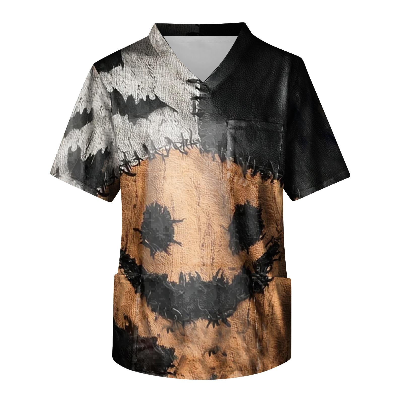 Men Short Sleeve V Neck Printed Scrub Top with Pocket for Halloween Theme Comfortable Fit XXXXXL