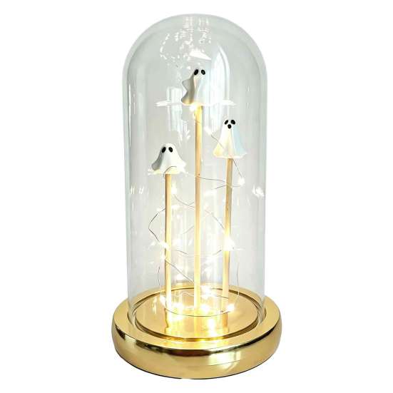 Decorative Ghost Figurine Halloween Indoor Light Up in Dome Cloche, Cute 3 Mini Scene Prop Night with Warm LED for Party Home Table Kitchen Fireplace