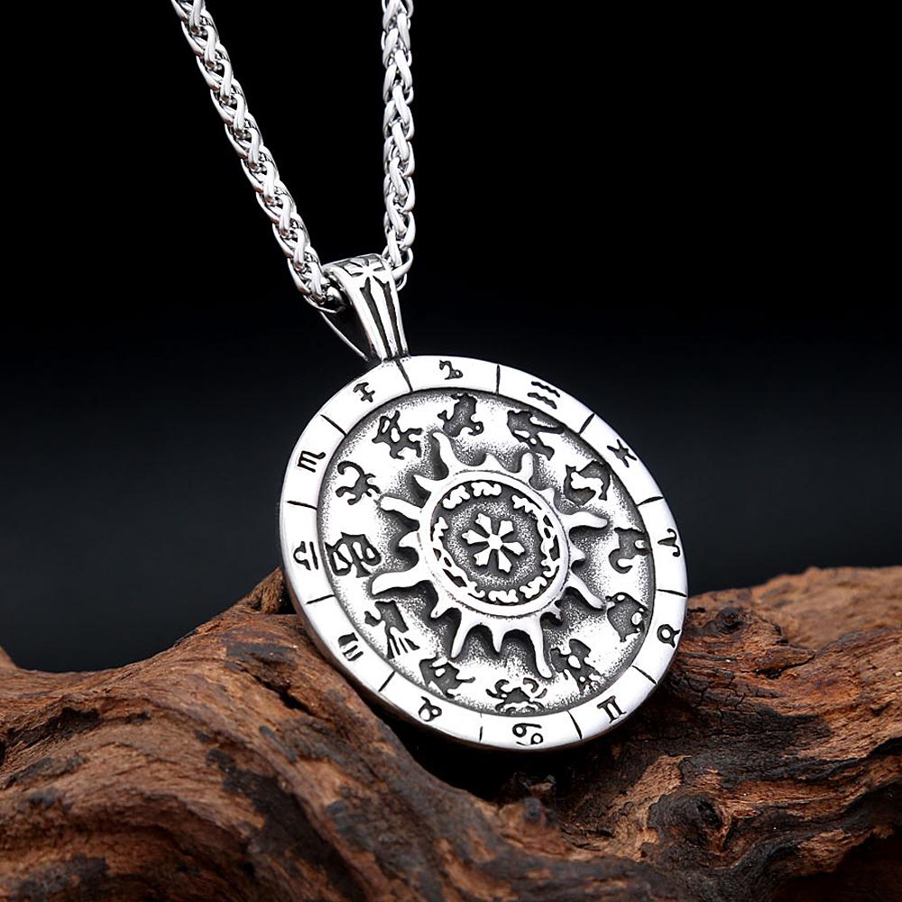 Vintage Constellation Round Pendant Necklaces For Men Women Punk 316L Stainless Steel Twelve Zodiac Signs Jewelry Gifts