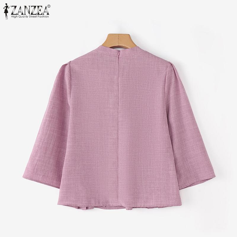 ZANZEA Women Casual Stand Collar 3/4 Sleeve Retro Blouse