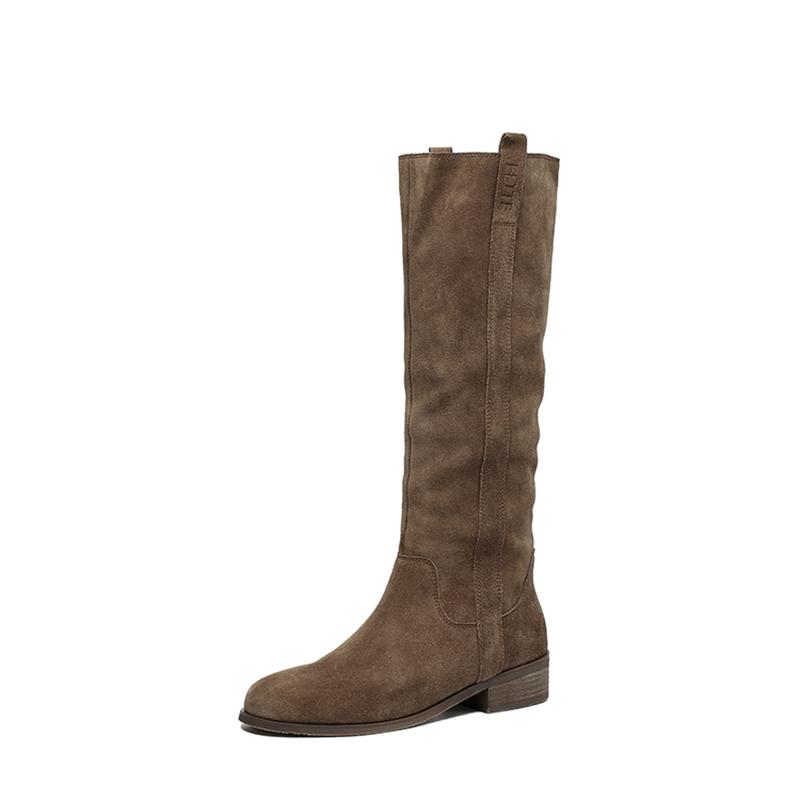 Fashion 2025 Autumn Women Boots Cow Suede Leather Women Shoes round Toe Slip-on Knee High Boots Western Modern Ladies Boots