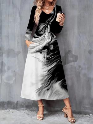 2025 Autumn and Winter New Women Casual Fashion Dress 3D Retro Pattern Print  Long Sleeve V-Neck A-Line Dresses