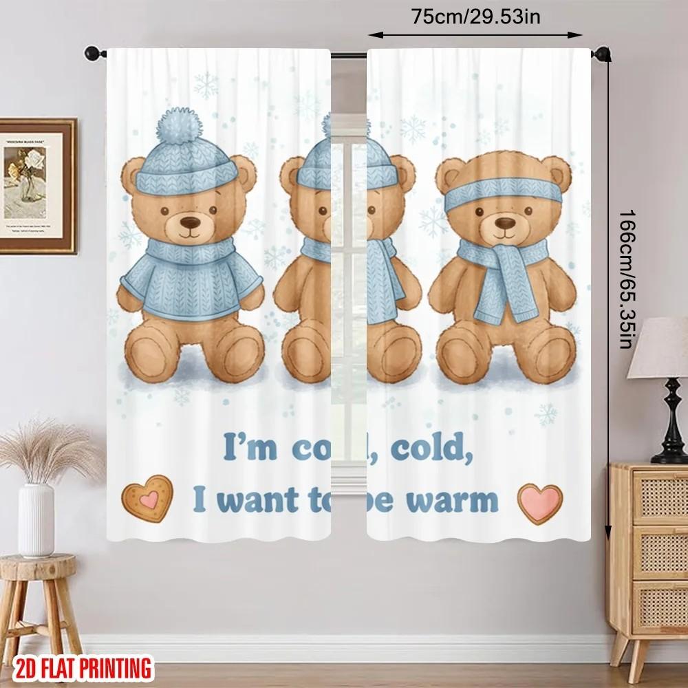 2pcs Cartoonish Bear Print Curtain   Room Darkening Window Treatment   Polyester   Xmas Decor   Home Decor   Rod Pocket Curtain