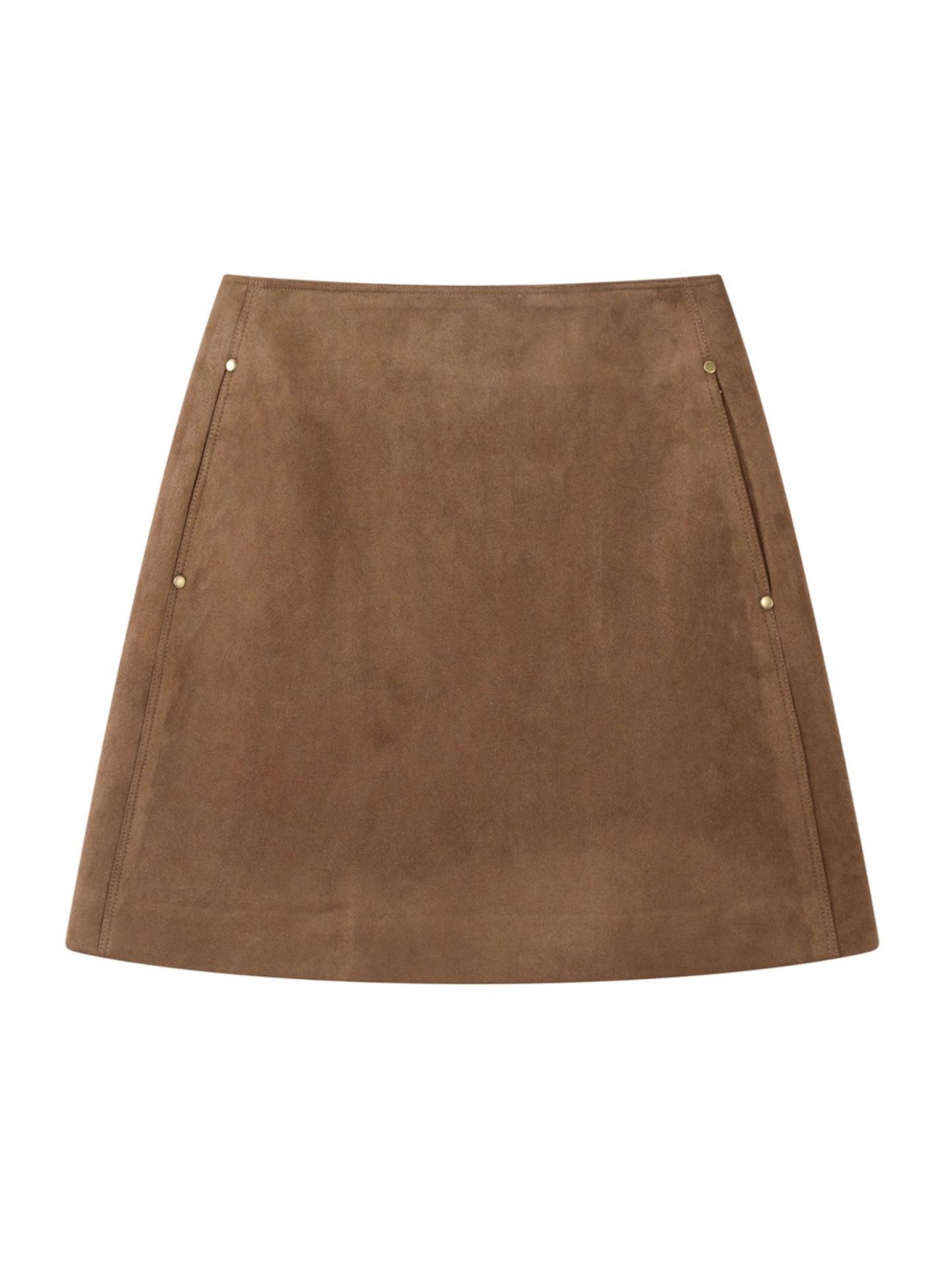 

Melanoid Retro Brown Suede High-Waist A-Line Skirt, Plus Size, Slimming, Short, for Women – Perfect for Spring and Autumn 4XL