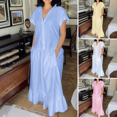 Women Summer Dress Lapel Short Sleeves Solid Color Single-breasted Casual Long Dress