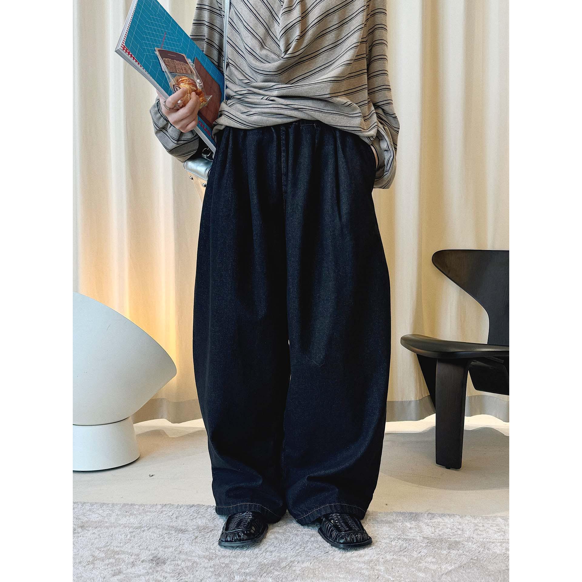 

Xu Man Women s Korean Retro Elastic Waist Fleece Wide-Leg Pleated Jeans S