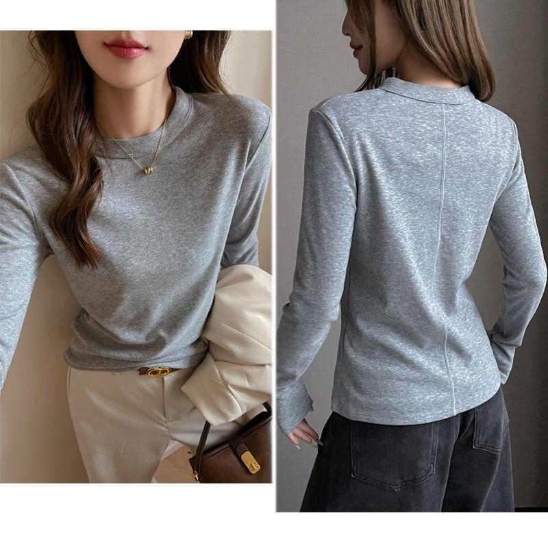 Women's Autumn And Winter Solid Color T Shirt With Brushed Long Sleeved Base Underneath