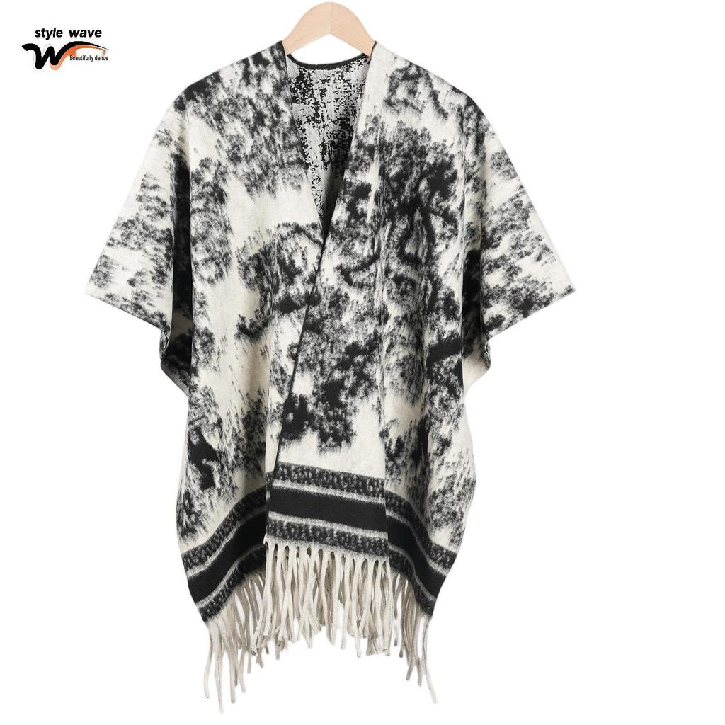Women's Thick Jacquard Tassel Shawl - Versatile Solid Color Cape for Autumn/Winter