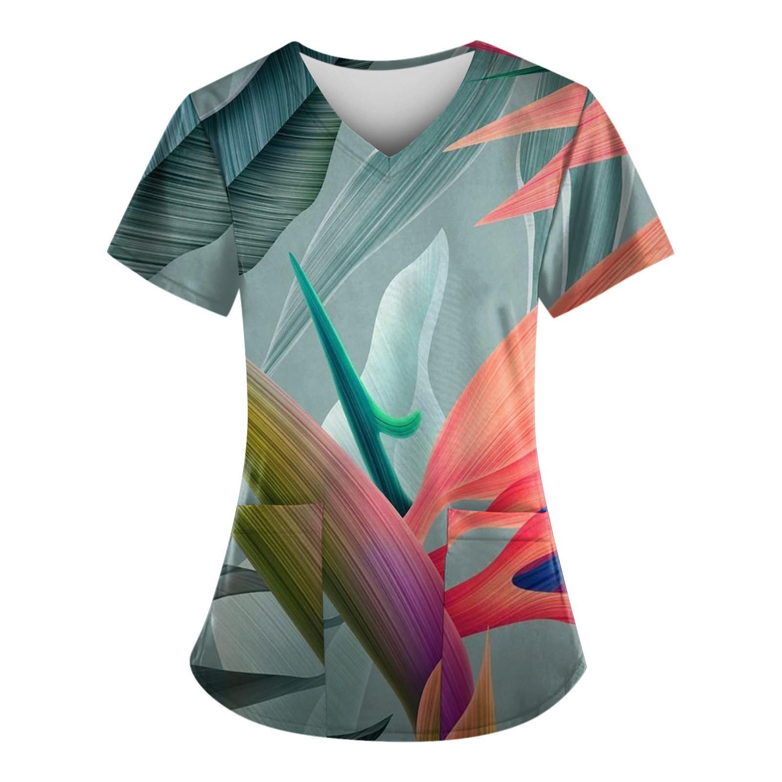 

Женская рабочая униформа с принтом в гавайском стиле, рабочая защитная рабочая форма с v-образным вырезом и карманами L циан