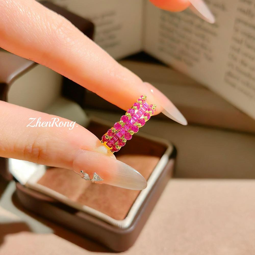 Open Ring Flashy Red Corundum Full Diamond T Square Sugar Lace Stunning Starry Sky Half Circle Ring adjustable