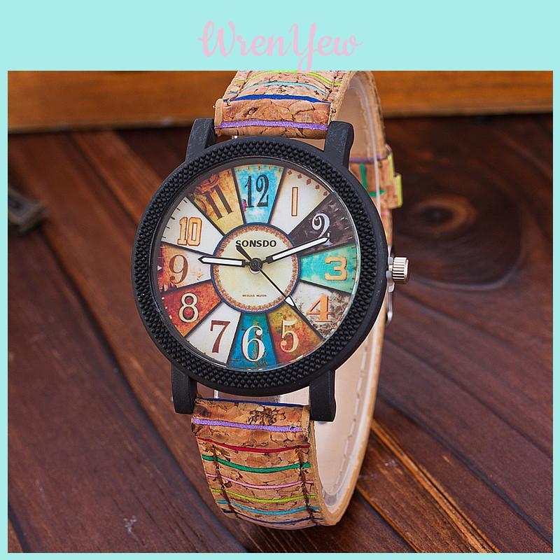 Classic Leather Watch With Wooden Grain Dial For Casual Women Men