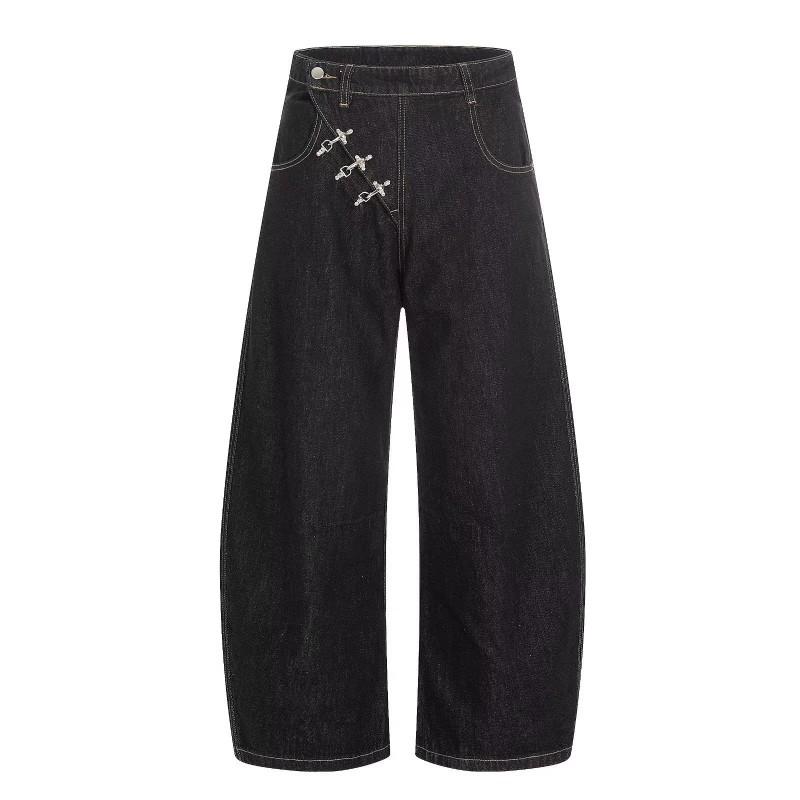 Herren Relaxed Fit Gerade Bein Jeans mit schrägem Knopfverschluss Streetwear