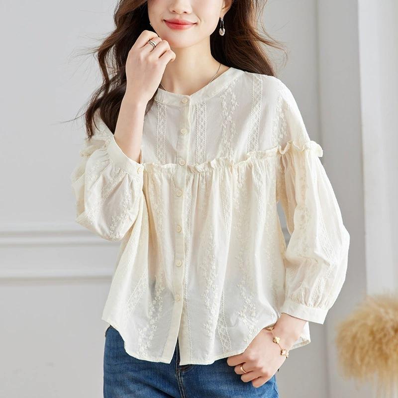 Autumn New Style Black Ears Lantern Sleeve Top Round Collar Shirt Apricot Embroidered Shirt Women Long Sleeve Lady