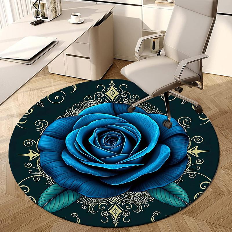 1pc Office Carpet Chair Mats Blue Rose with Intricate Gold Patterns Perfect for Decorating Office Chairs, Living Rooms, Or Bedrooms