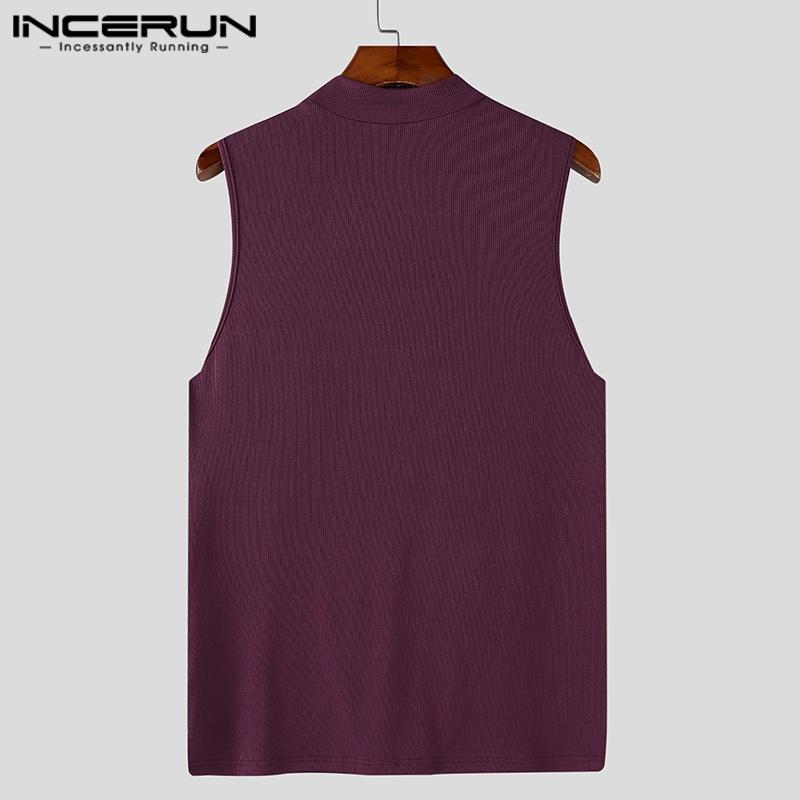 INCERUN Summer Men Mockneck Sleeveless Zipper Up Rib Tank Tops Slim Racerback T-shirts