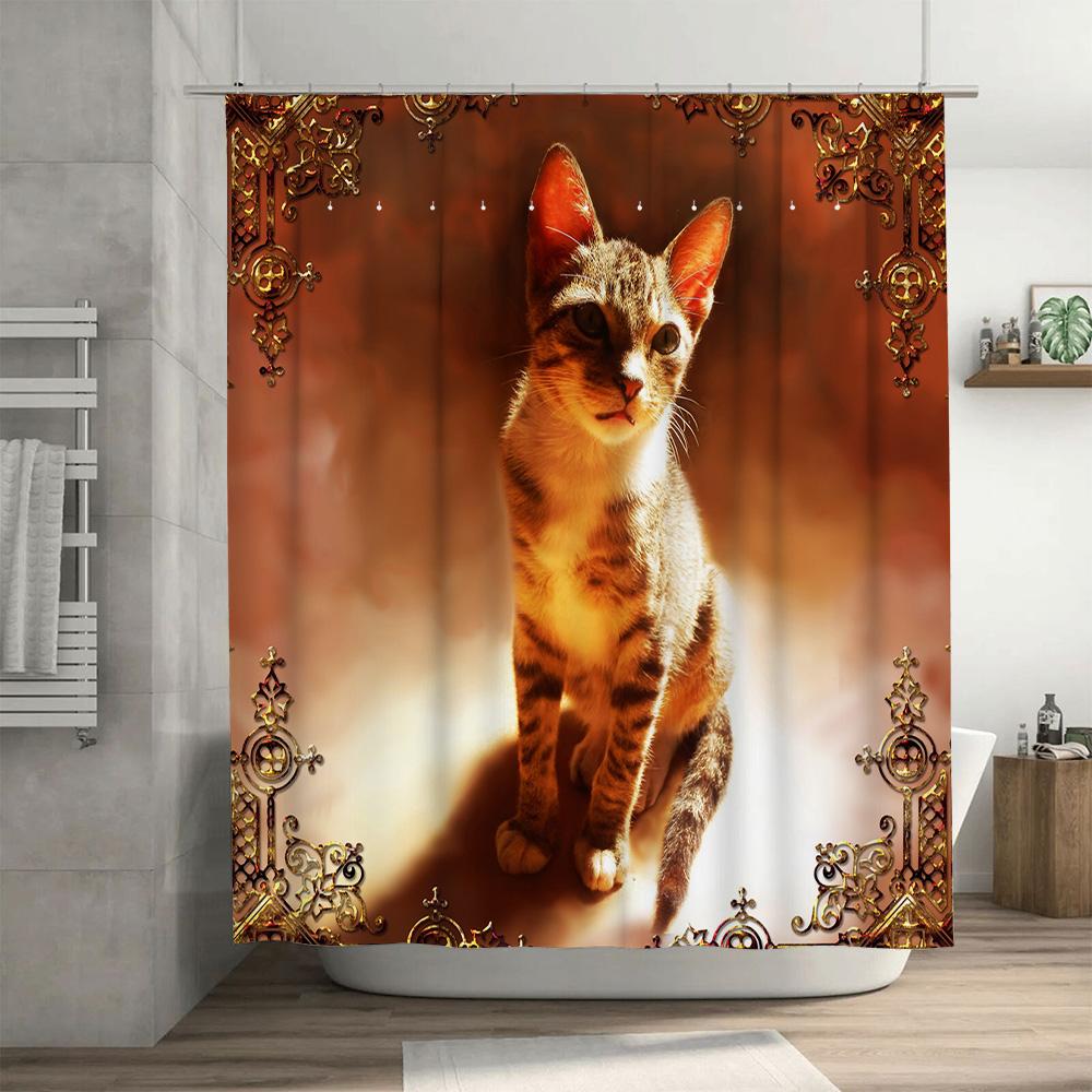 Luxury Printed Shower Curtains 3D Waterproof Cat Bath Mats Decorative Shower Curtains for Bathroom Orange Red Color (245x180cm)