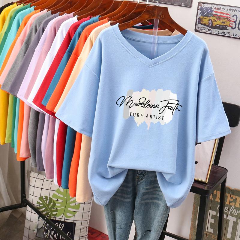 

Футболка с коротким рукавом, Свободного кроя, Приталенный топ с V-образным вырезом с принтом для женщин 2XL синий