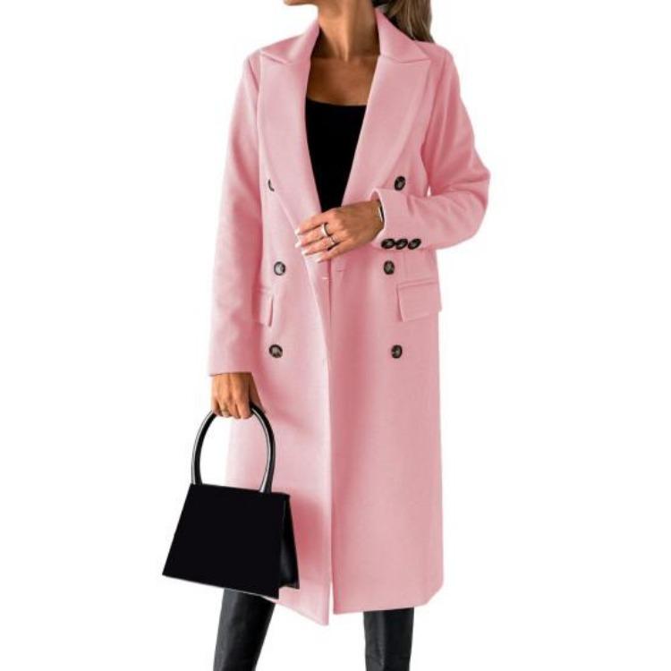 Women Thermal Woolen Overcoat Mid Length Double Breasted Turn Down Collar Solid Color Long Sleeved Jacket for Commuting Dating Spring Fall and Winter