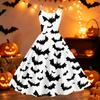 Womens Halloween Print Off Shoulder Dress Vintage Punk Style Sleeveless Spaghetti Strap Flared Skirt Party Dress