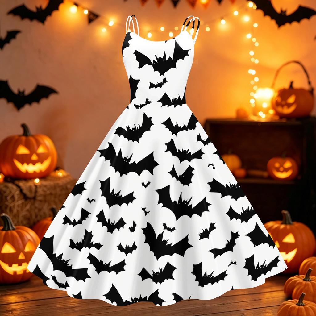 Womens Halloween Print Off Shoulder Dress Vintage Punk Style Sleeveless Spaghetti Strap Flared Skirt Party Dress