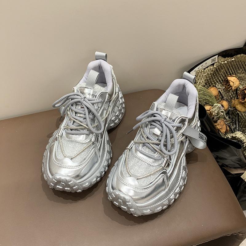 Rhinestone bright silk mesh breathable tires women's new muffin platform sports and leisure shoes