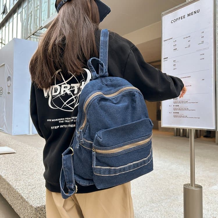 Zaino rétro in denim da donna a grande capacità