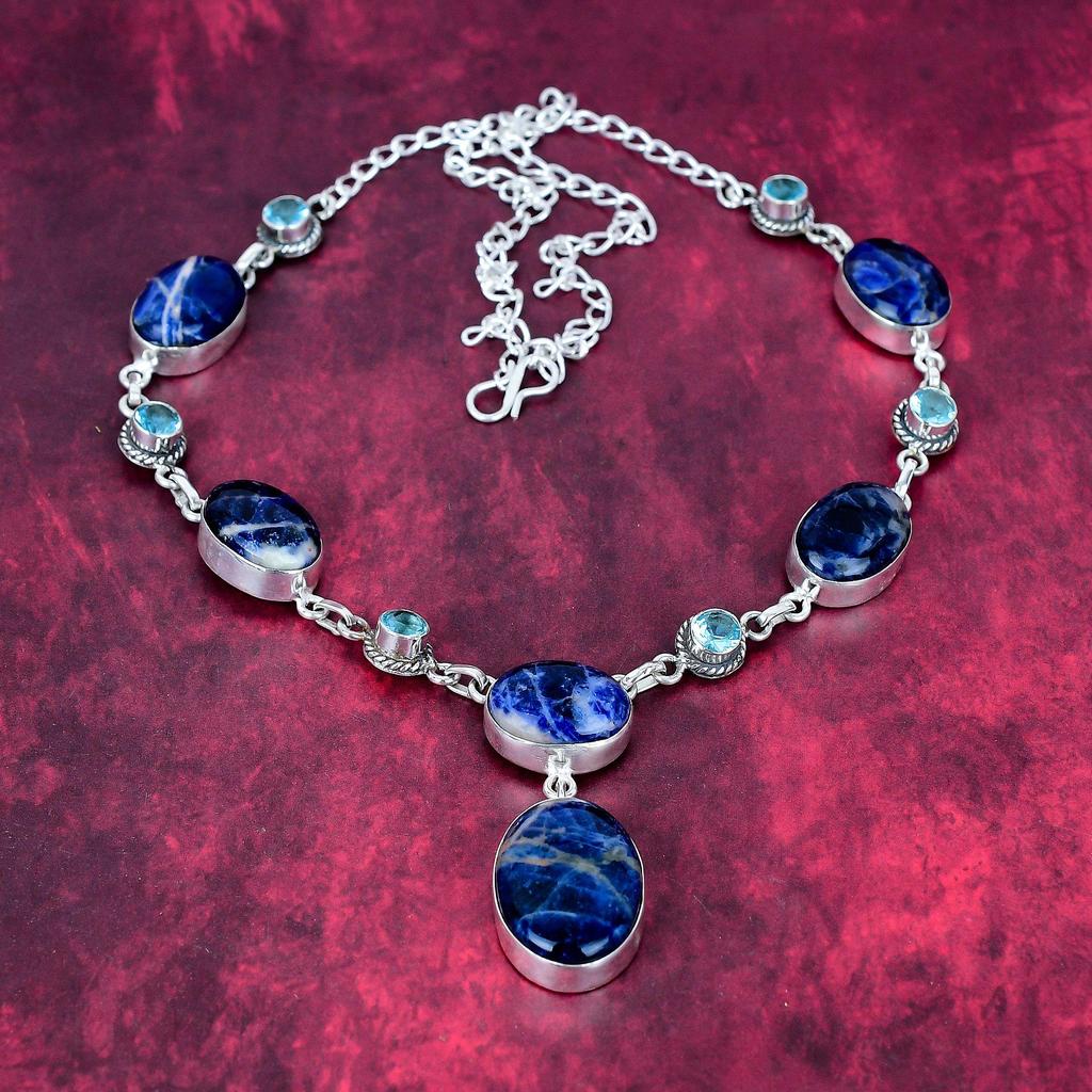 Sodalite & Blue Topaz Necklace 925 Solid Sterling Silver Adjustable Chain Necklace Gift For Women, Handmade Gemstone Jewelry Necklace