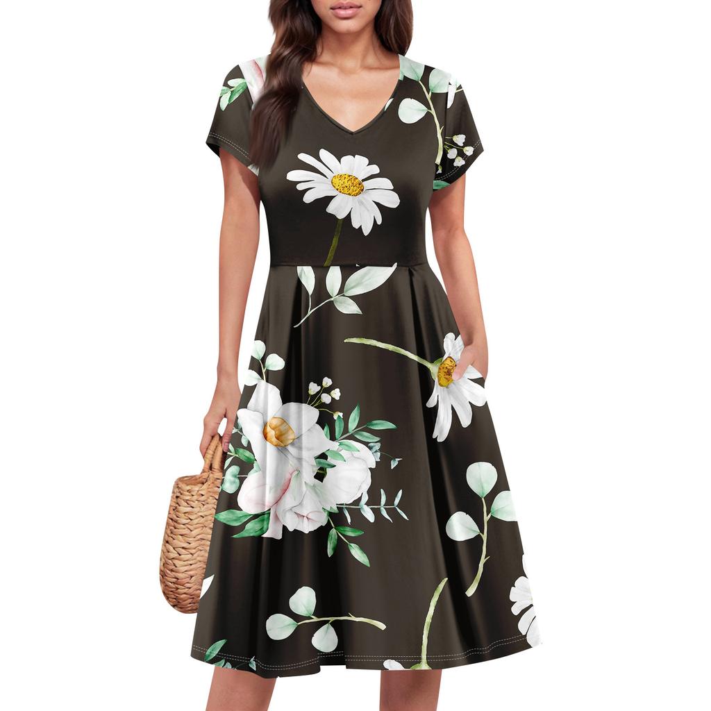 Womens Summer Dress Short Sleeve V Neck Short Dresses Fashion Casual Flowy A Line Swing Sundress With Pocket