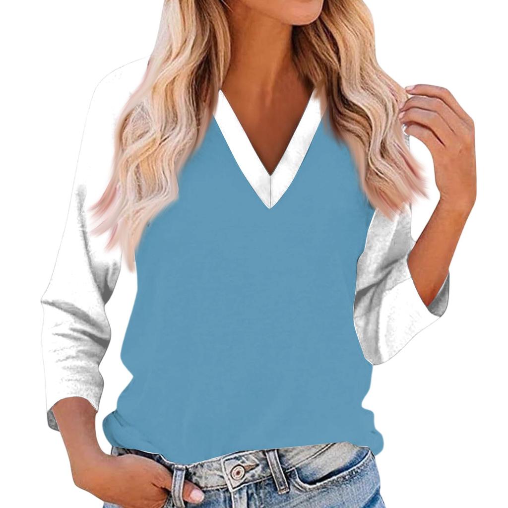 Women's Casual And Fashionable Patchwork V-Neck Top With Seven Quarter Sleeves Top