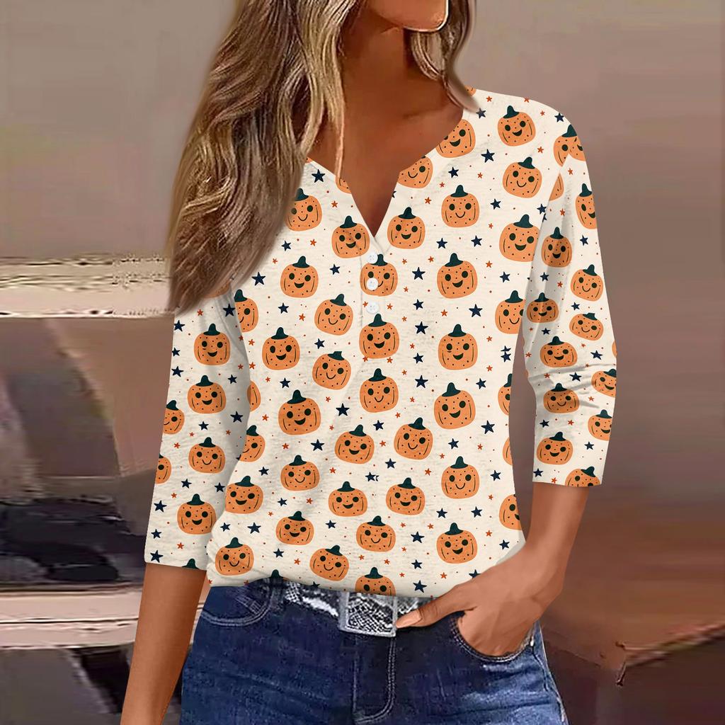Lady's fashionable casual V-neck buttoned Halloween print three-quarter sleeve