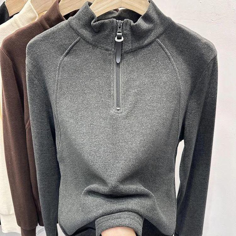 Korean Style Fleece Zipper Top - Slimming Half-High Collar, Long-Sleeve, Solid Color (2024 Autumn/Winter)