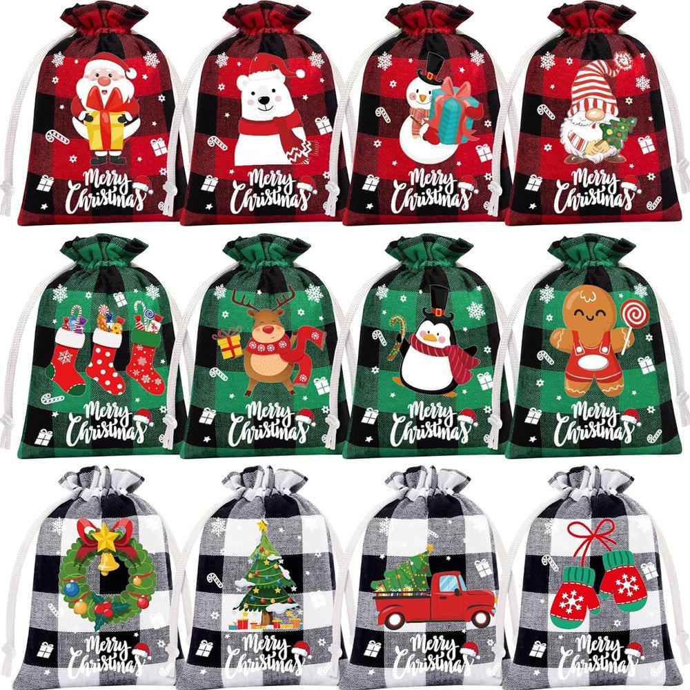 12pcs Christmas Checkered Linen Drawstring Bag Coarse Linen Candy Drawstring Storage Bag Children's Christmas Gift Bag Drawstring Bag