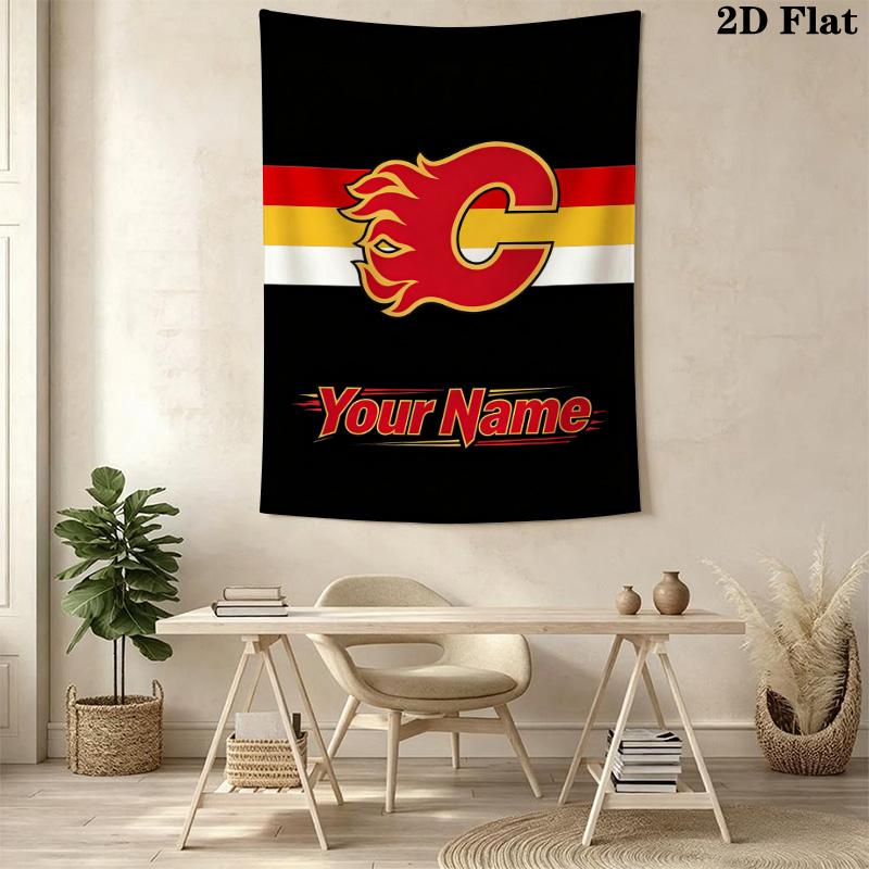 Name Custom Calgary Flames Logo Wall Tapestry Aesthetic Wall Hanging Printed Fabric Blanket Decorative Tapestries for Bedroom Living Room Home Decor