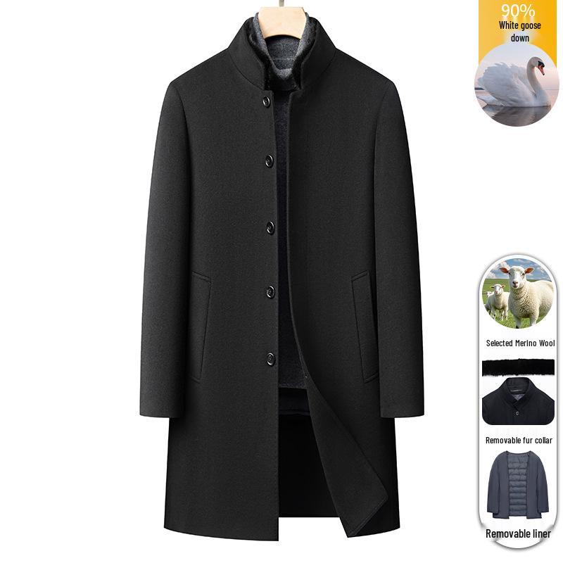 Men's Single-Breasted Stand-Collar Wool Gabardine Trench Coat - Business Casual Long Jacket