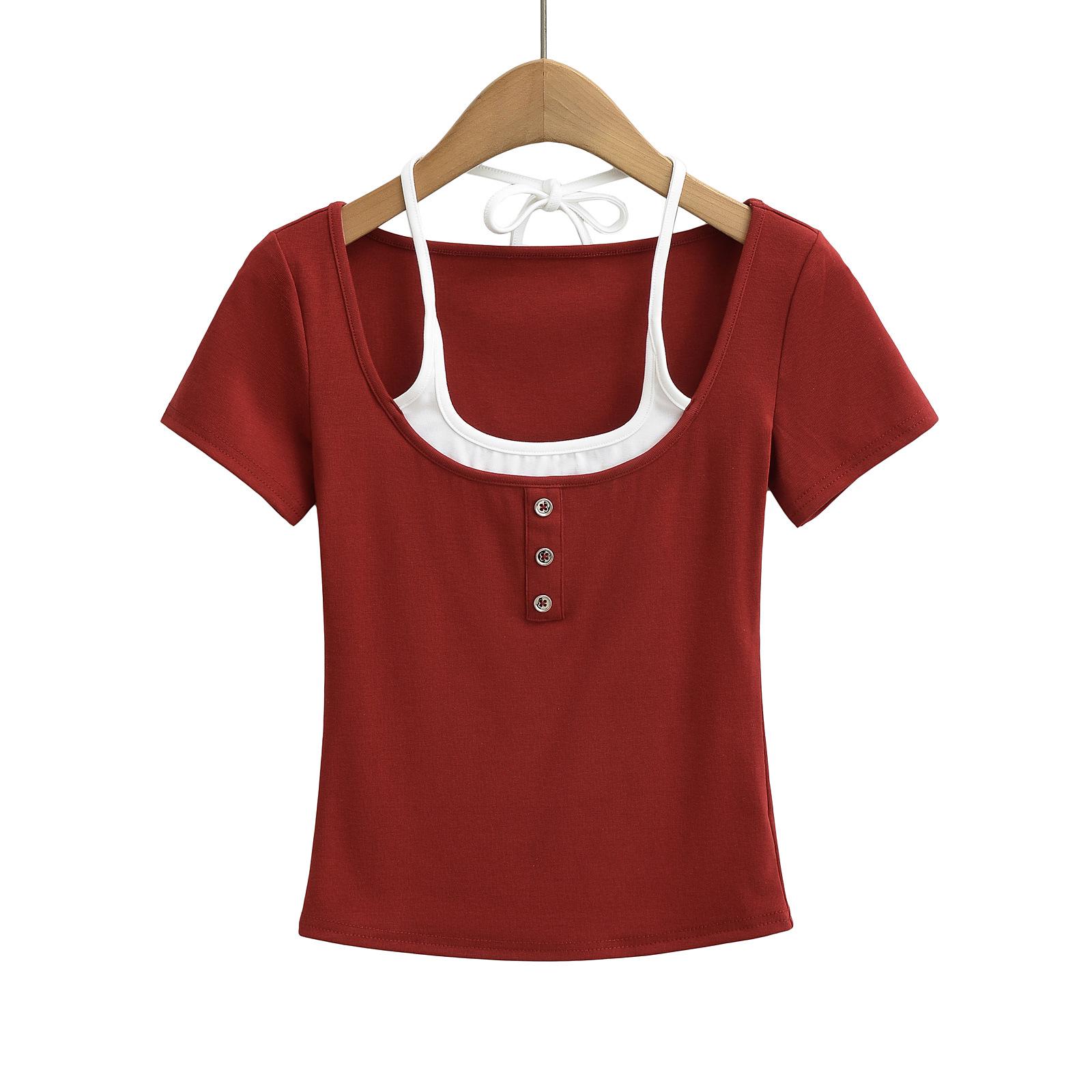 

Women s 2025 Summer Halterneck Crop Top - Retro Two-Piece Style, Short Sleeve, Slim Fit Medium красный