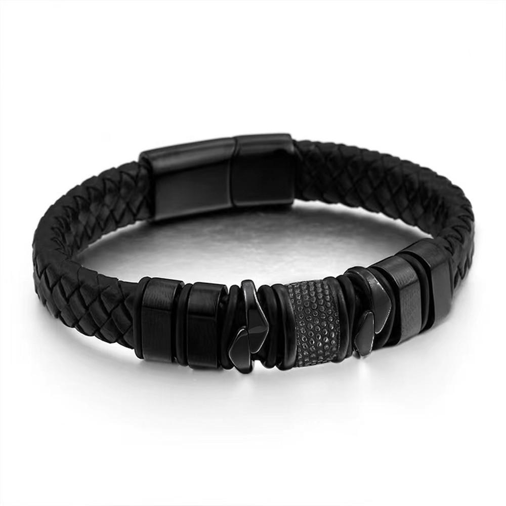 Hot Sale Woven Braided Leather Classic Stainless Steel Punk Rock Men's Leather Bracelet Design DIY Customization