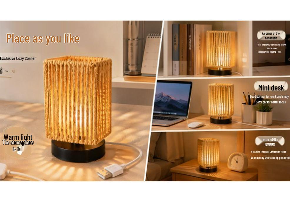 Wicker Desk Lamp with Charging Button - Straw Weave Bedside Night Light for Study or Bedroom