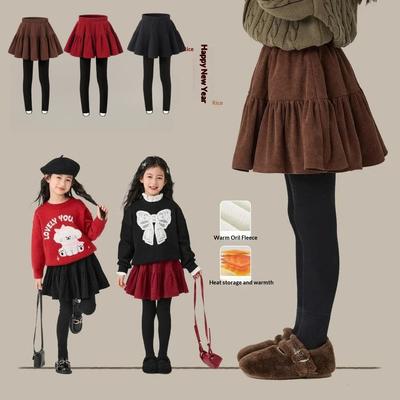 Teens School Girls Culottes Fleece Lined Skirt-Pants Winter Thickened Skirted Leggings Kids Fake Two-Piece Pleated Skirt Tights