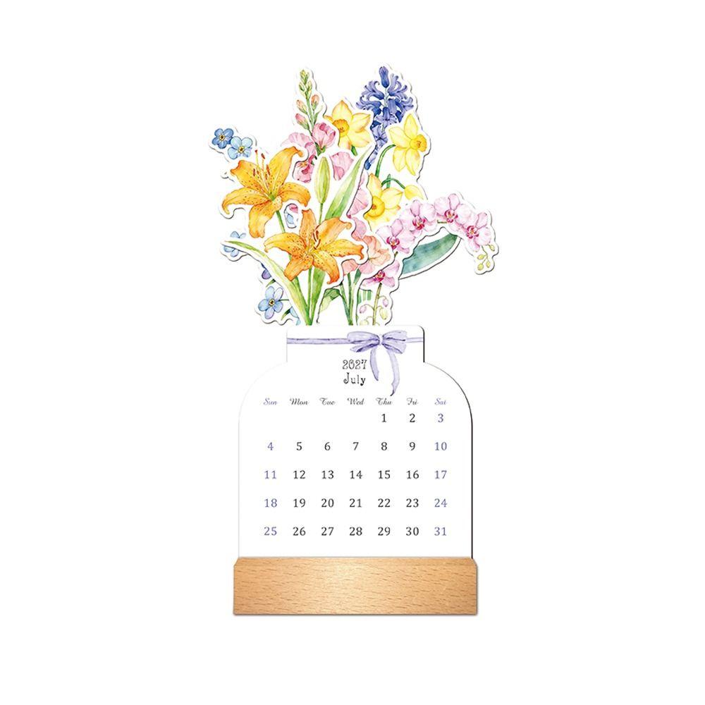 Wooden Base Bloomy Flowers Desk Calendar Floral Floral Desk Calendar  New Year