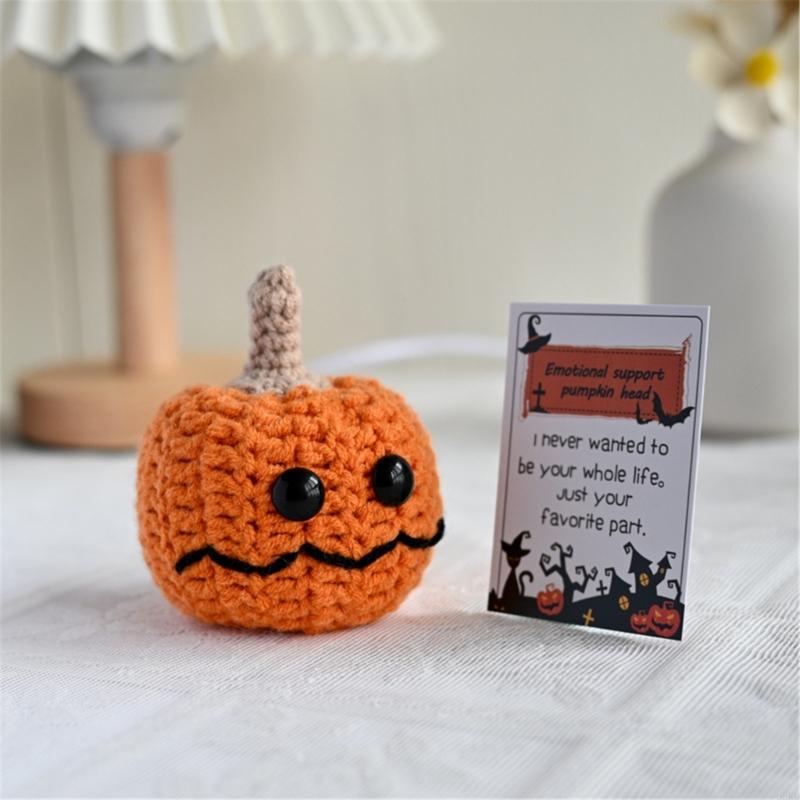 62KD Handmade Knitted Pumpkin Head with Positive Message Cards Halloween Festivals Crochet Pumpkin Dolls Ornament for Gifting