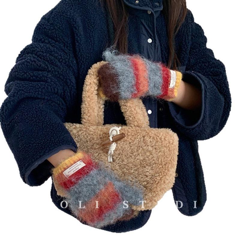 Jintai rainbow color matching stripes~ atmosphere plush mittens women's autumn and winter warm and cold moisture
