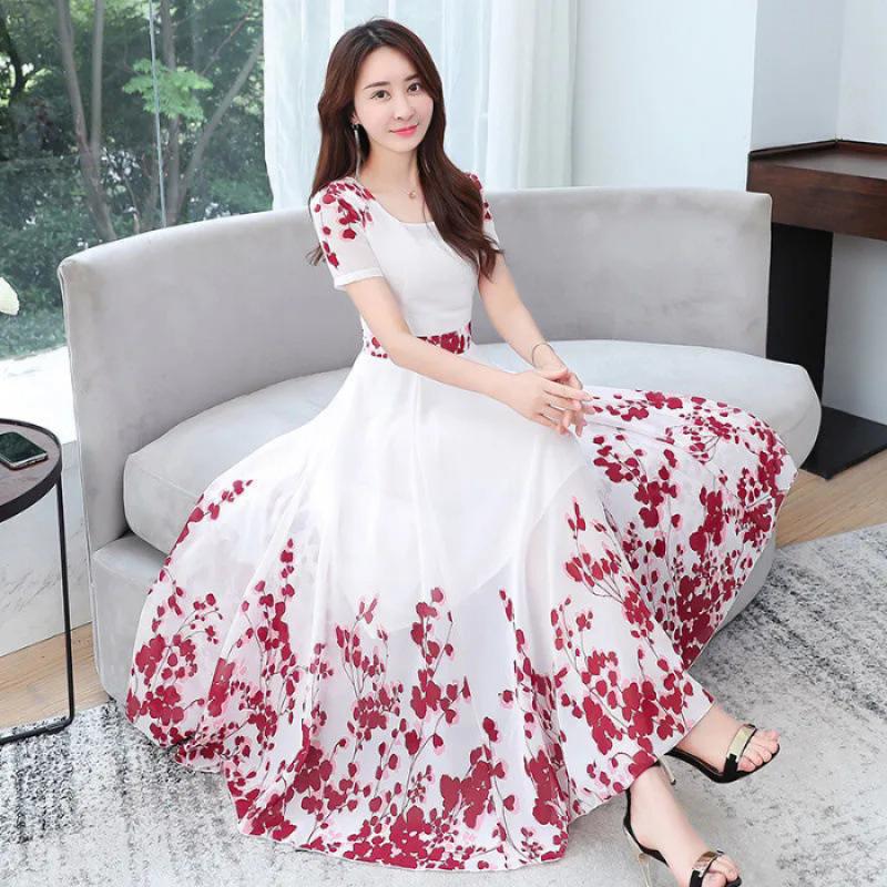 Women's Round Neck Short Sleeve A Line Midi Dress Mid Rise Elegant Floral Print Chiffon Beach Party Maxi Dress