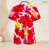Top de uniforme rosa floral para mujer de talla grande, cuello con ojo de cerradura, manga corta, con bolsillos delanteros