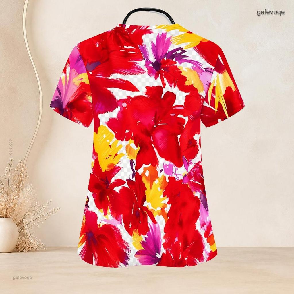 Top de uniforme rosa floral para mujer de talla grande, cuello con ojo de cerradura, manga corta, con bolsillos delanteros