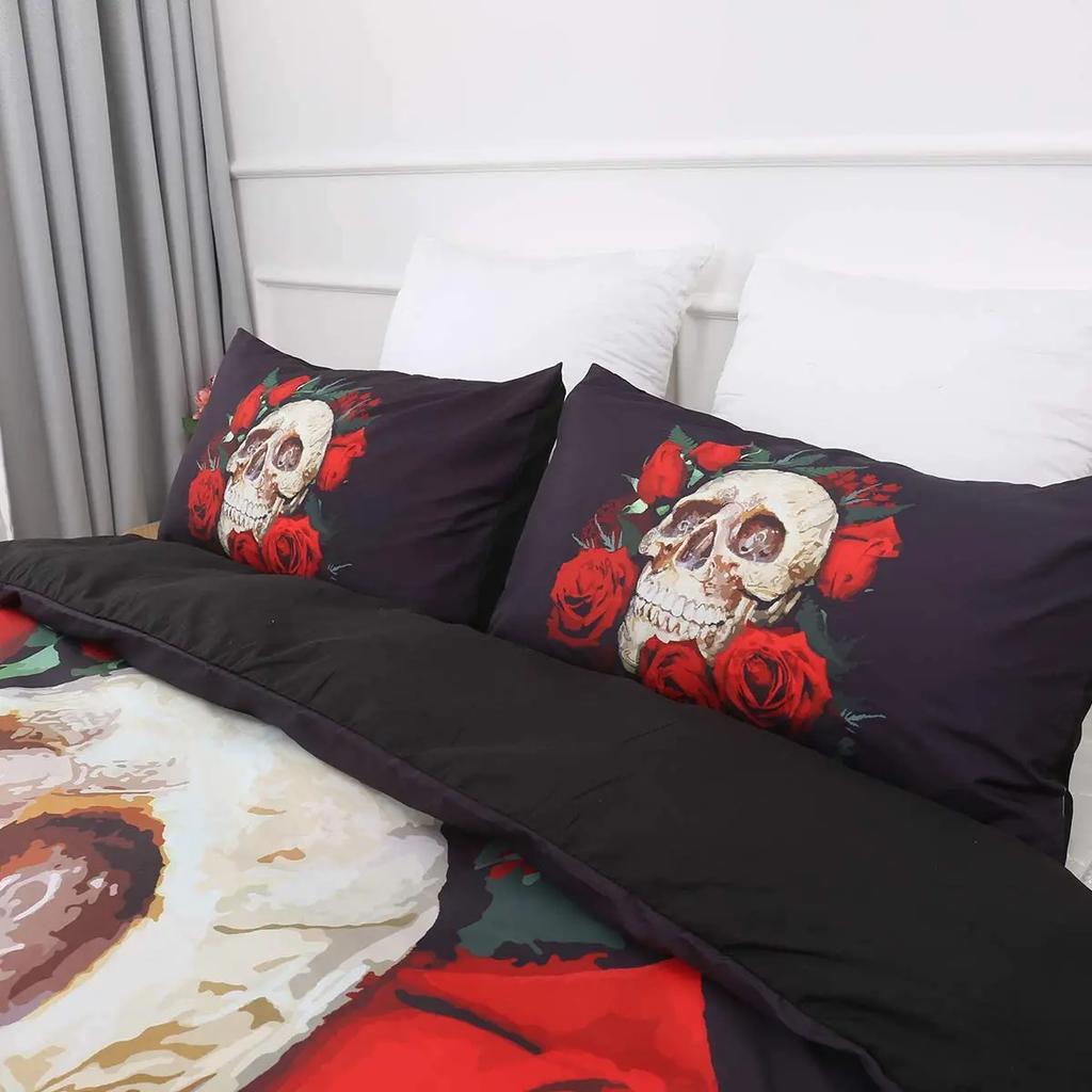 Red Rose Skull Bedding Duvet Cover Set 3D Floral Skull Printed Duvet Cover with Zipper,Soft Microfiber Gothic Decor Bedding Set
