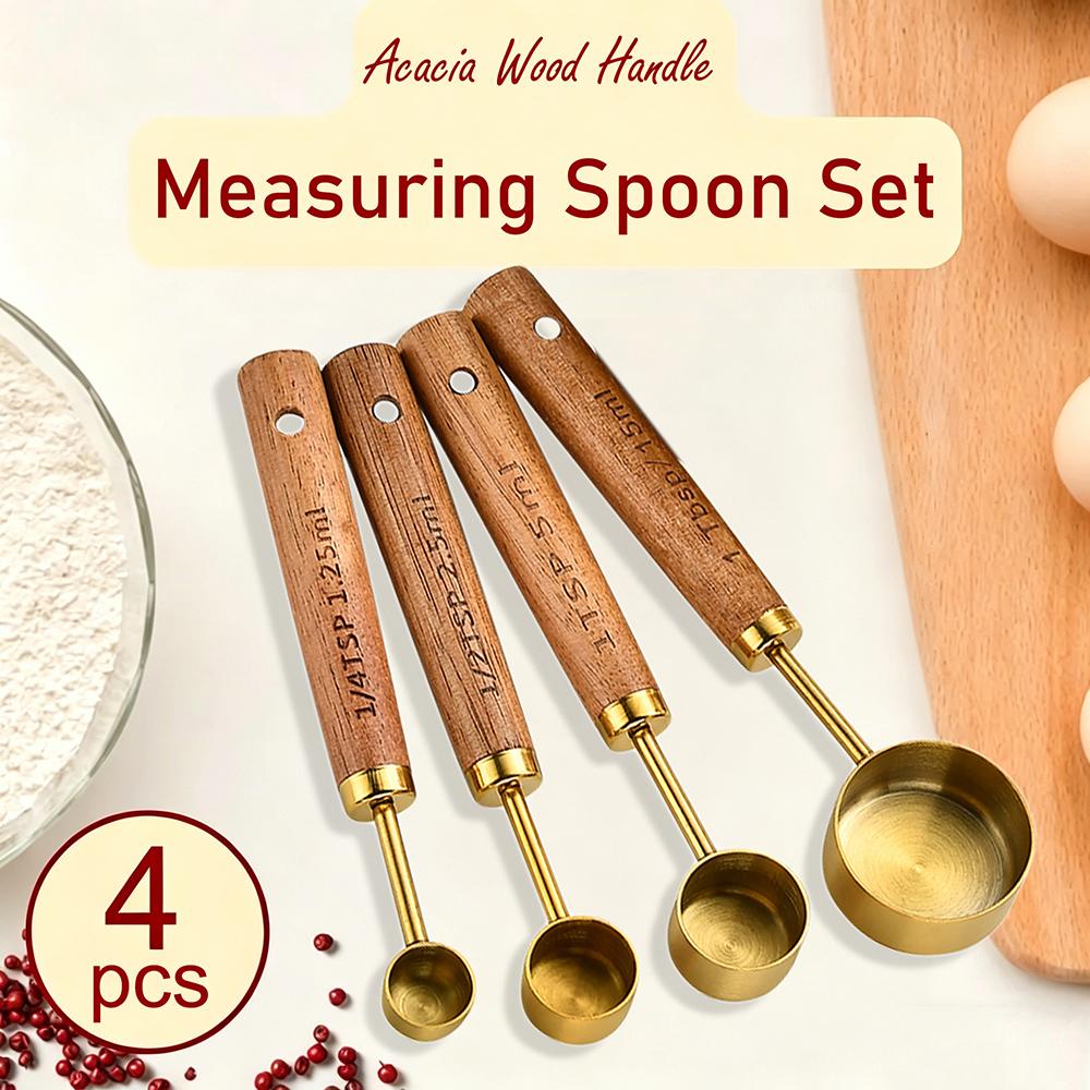 4Pcs Gold Stainless Steel Measuring Spoons With Scale Wooden Handle Household Kitchen Dining Bar Baking Tools Measuring Spoons золотой