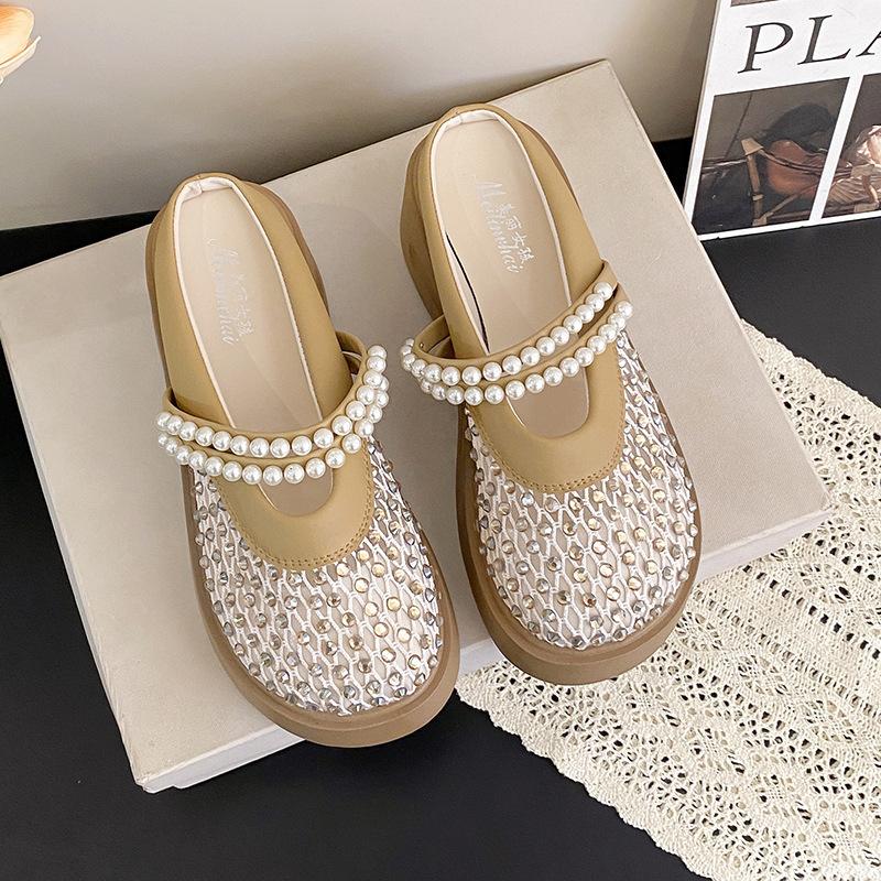 

Summer one-pedal bag head slippers women wear breathable 2025 new casual fashion thick bottom non-slip semi-drag versatile 40 хаки