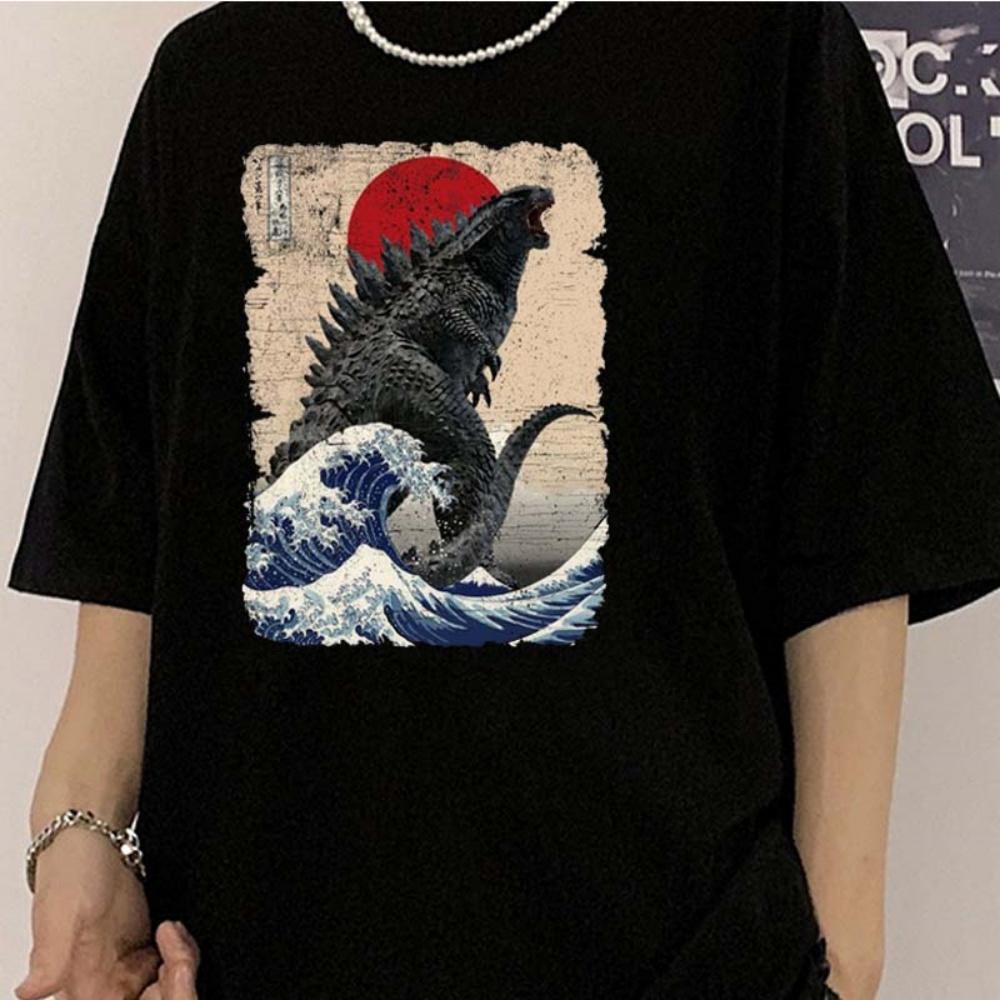 

Футболки с коротким рукавом Уникальная японская футболка Godzillaed Great Wave Летняя женская мужская футболка с круглым вырезом из чистого хлопка унисекс S чёрный